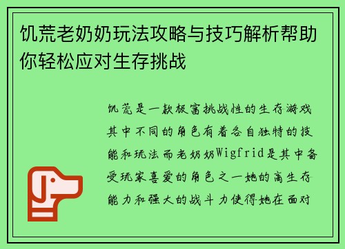 饥荒老奶奶玩法攻略与技巧解析帮助你轻松应对生存挑战